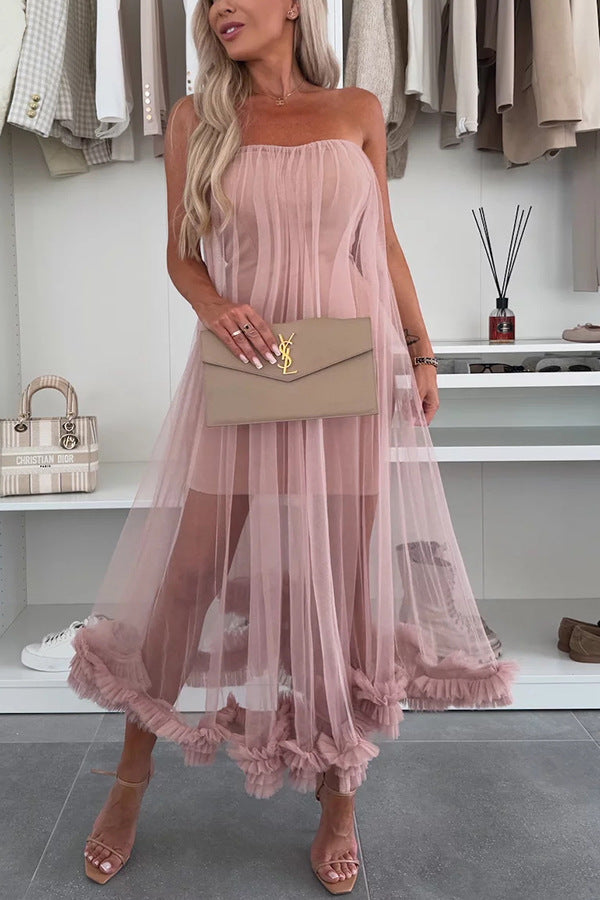Robe midi femme – Sans bretelles – Coupe évasée – Tulle léger – Ourlet volanté