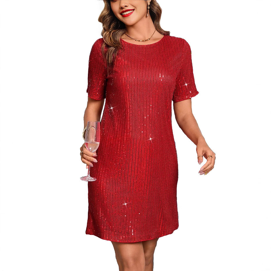 Robe mini femme – Coupe droite fluide – Sequins brillants – Manches courtes soirée