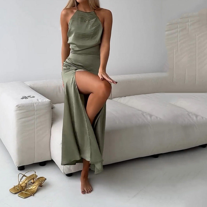 Robe longue femme – Coupe slim – Tissu soyeux fluide – Dos nu – Fente côté