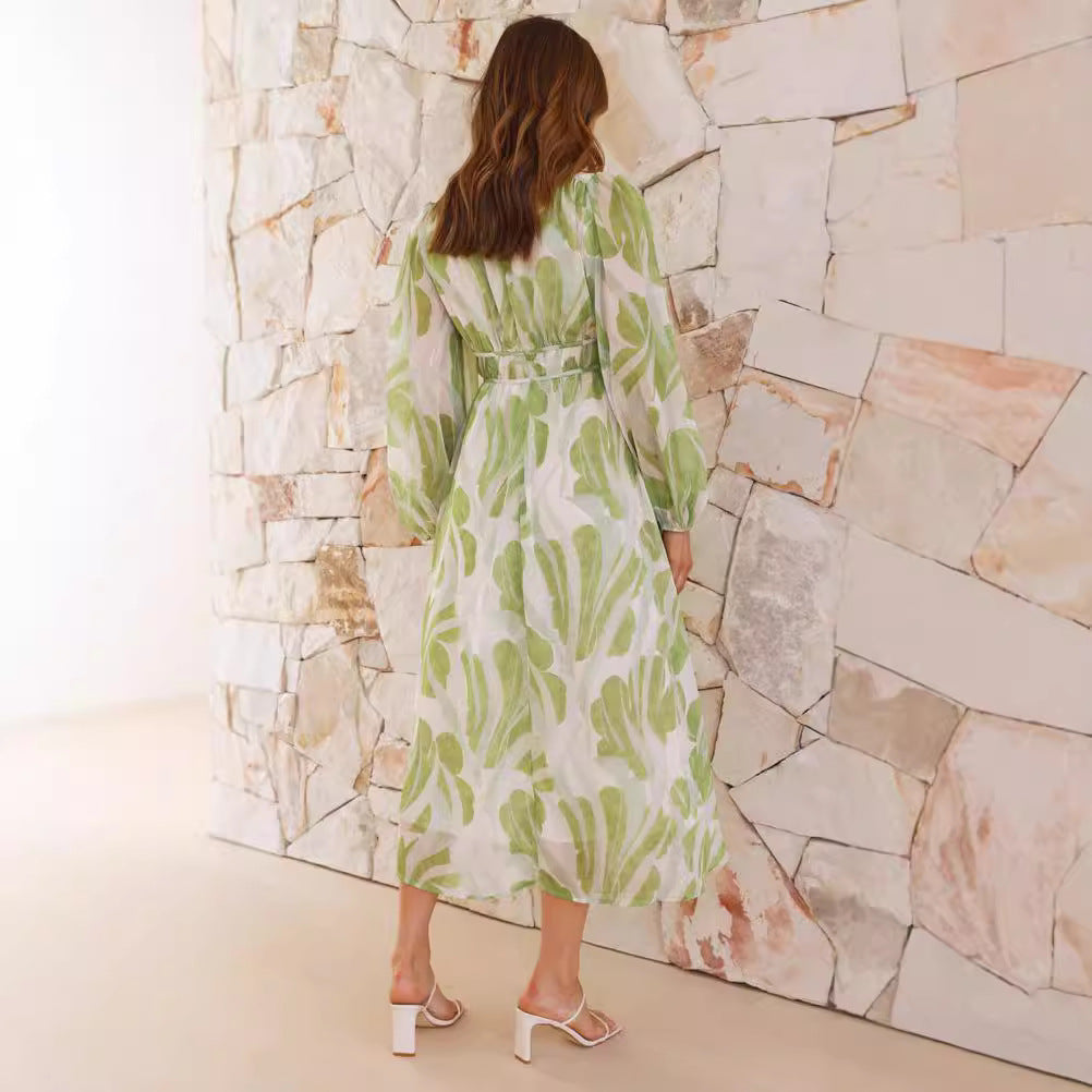 Robe longue femme – Chiffon léger – Coupe fluide – Imprimé fleuri – Col V – Manches longues