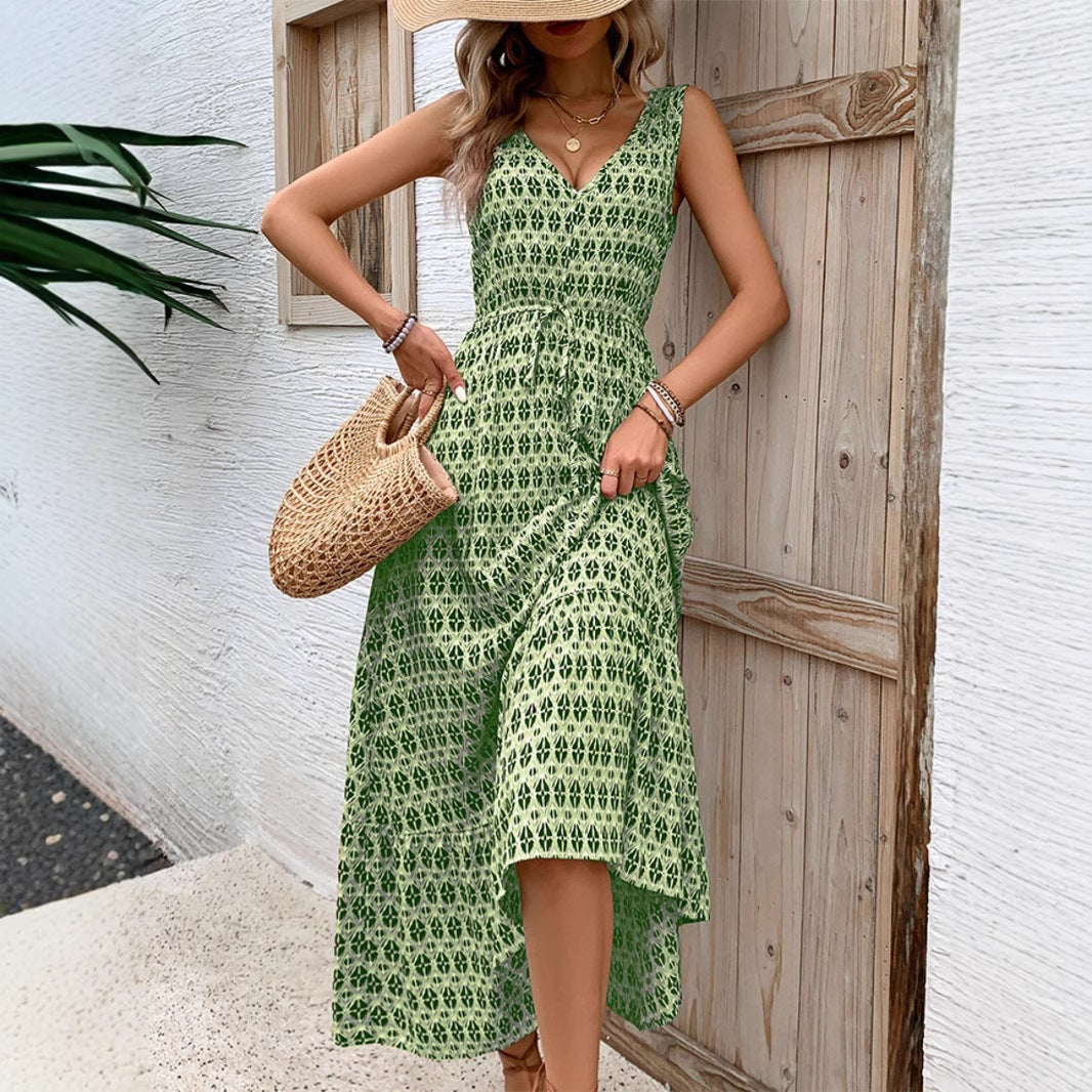 Robe midi sans manches femme – Imprimé bohème – Décolleté en V – Coupe fluide