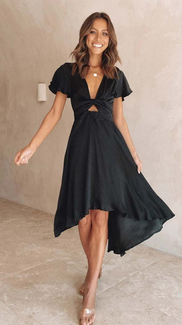 Robe midi femme – Coupe fluide – Manches papillon – Décolleté en V – Ourlet asymétrique