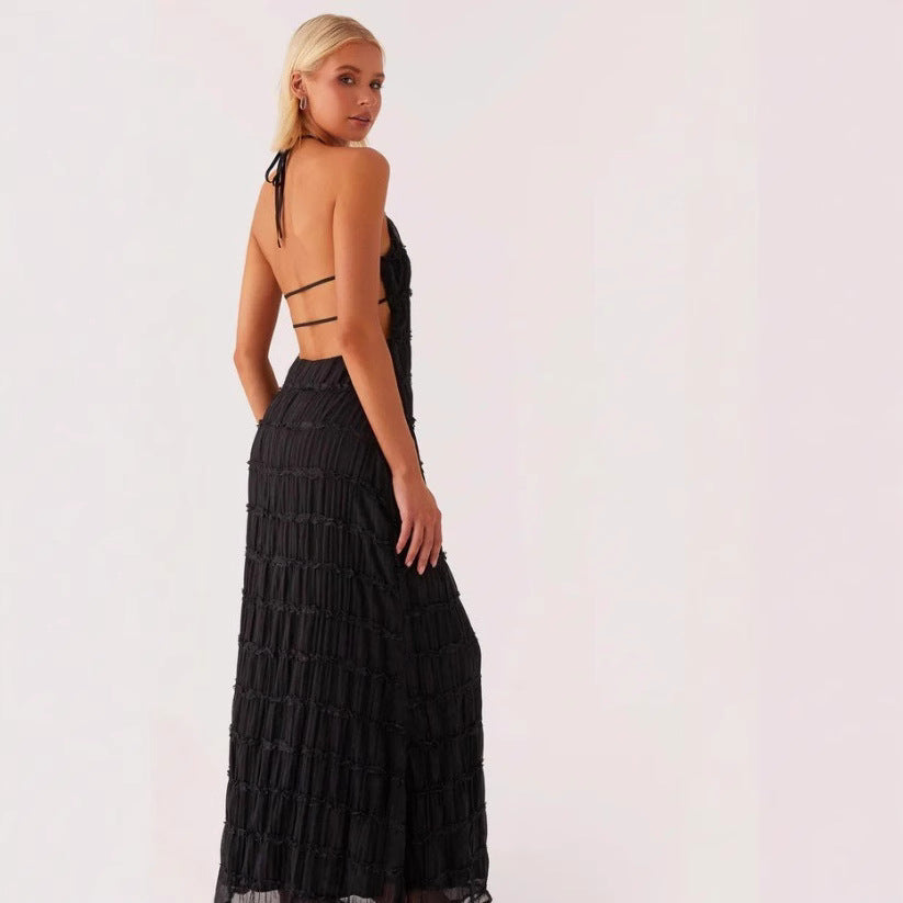 Robe longue femme – Col halter – Taille cintrée – Dentelle – Tissu fluide léger