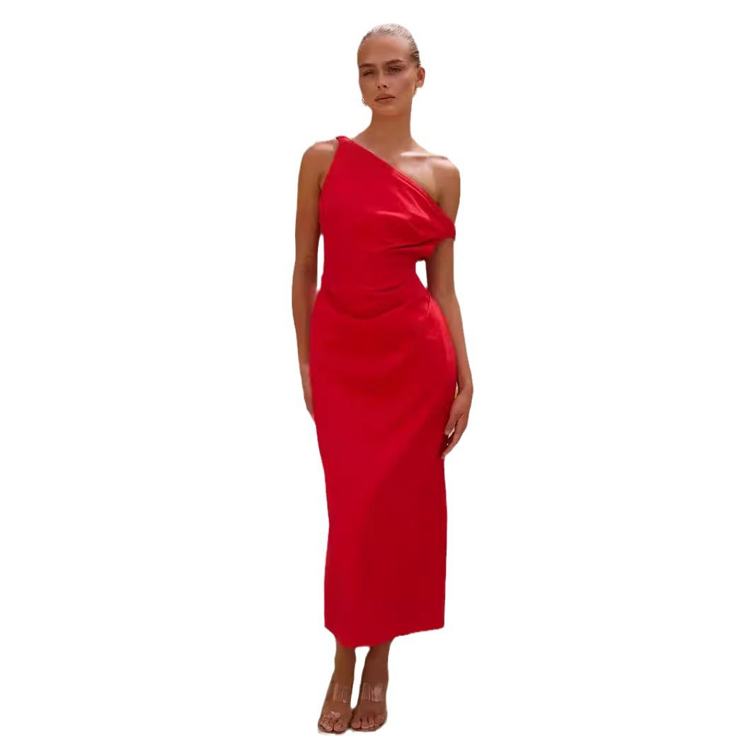 Robe midi femme – Une épaule – Coupe slim – Tissu fluide – Style minimaliste élégant