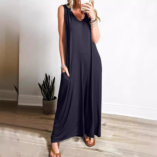 Robe longue femme – Sans manches – Décolleté en V – Coupe fluide – Maille douce avec poches