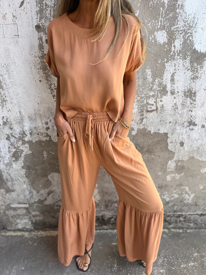 Ensemble Femme Deux Pièces – Lin Coton – Coupe Ample – Pantalon Large – Manches Courtes