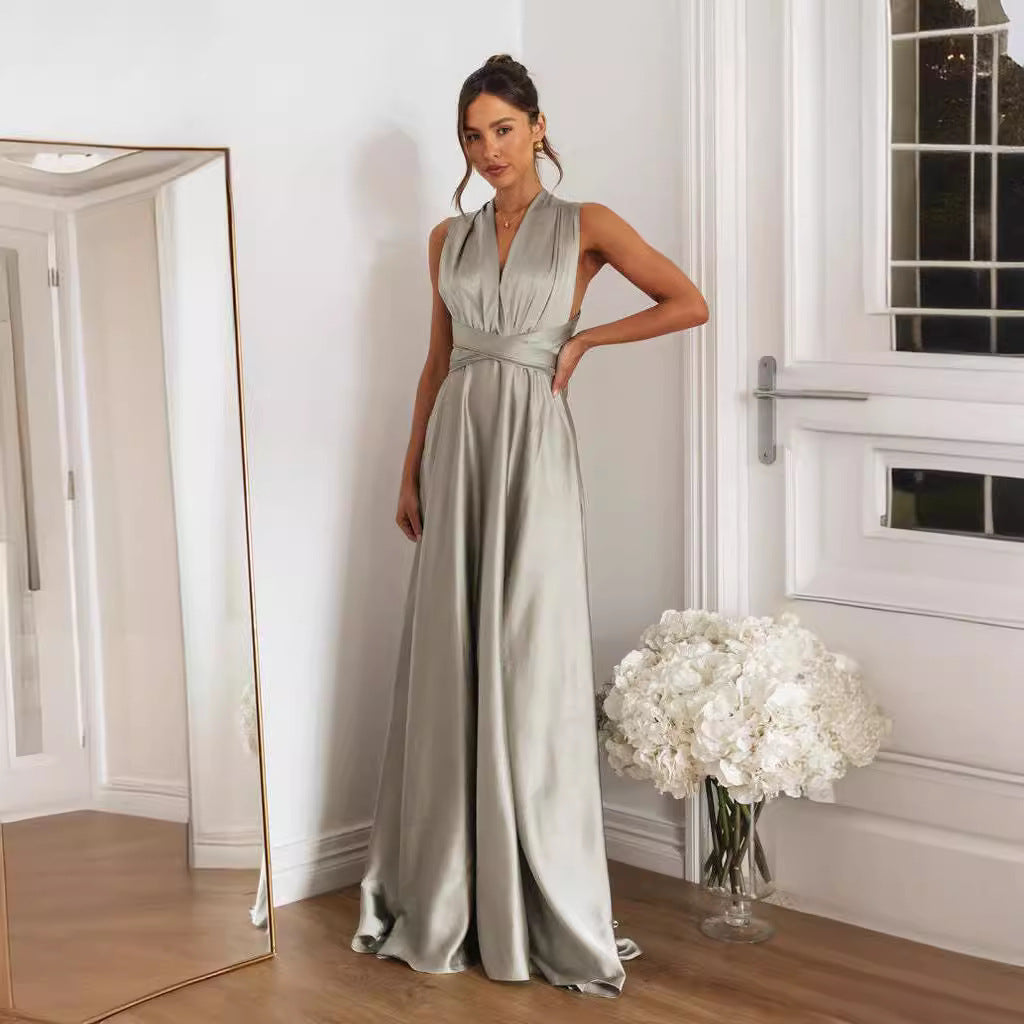 Robe Longue Femme – Satin Luxe – Décolleté Plongeant – Dos Croisé – Coupe Évasée