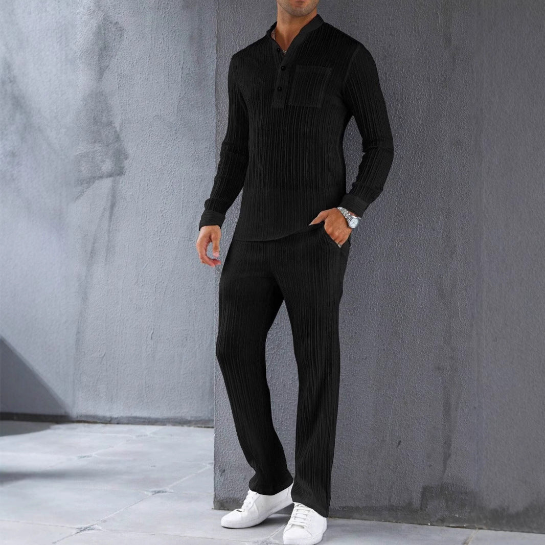 Tenue homme chemise et pantalon – Coupe slim – Tissu côtelé – Tendance décontractée