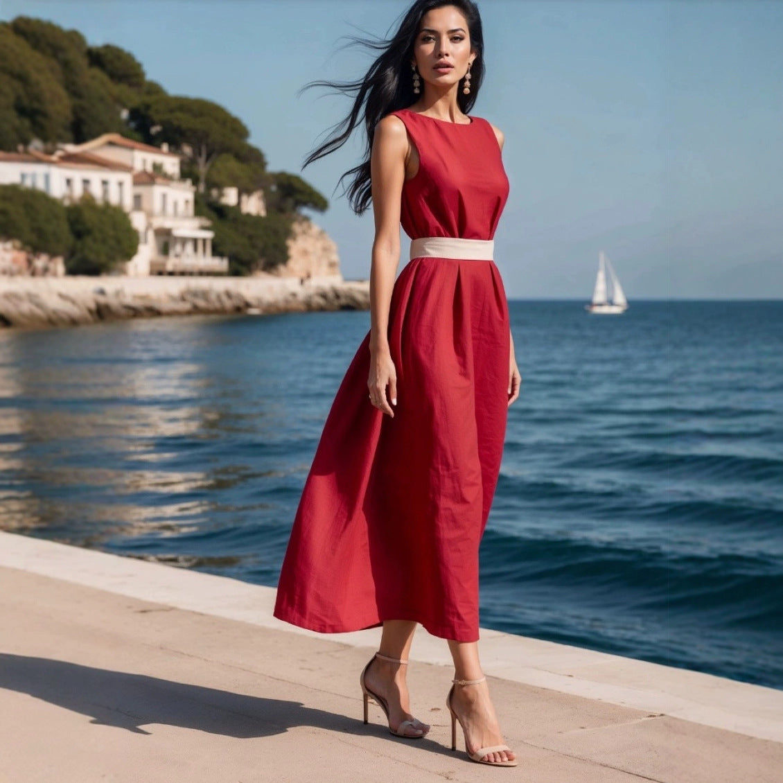 Robe midi femme – Sans manches – Coupe évasée – Taille ceinturée – Fibres naturelles