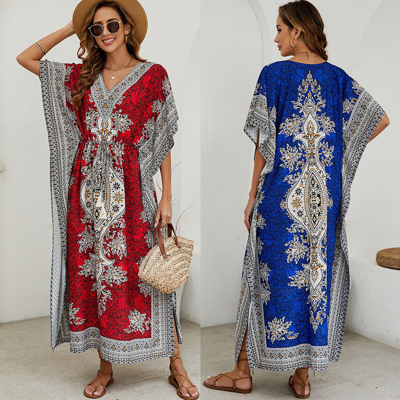 Robe longue femme – Tissu léger respirant – Manches larges – Motif orné – Décolleté V