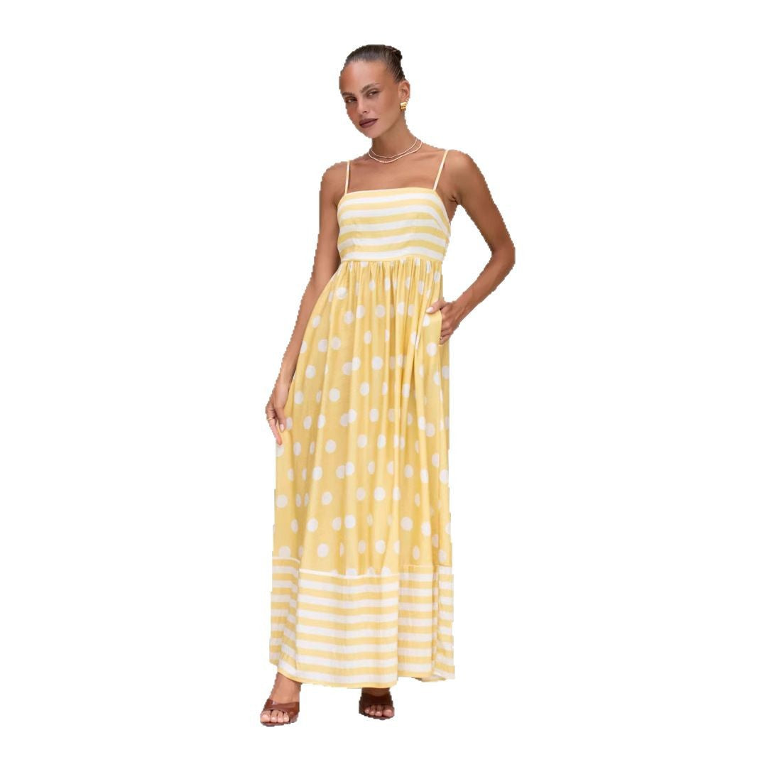 Robe longue femme – Coton léger – Coupe évasée – Bretelles fines – Motifs mixtes