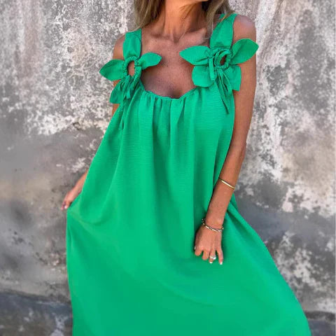 Robe longue femme – Coupe fluide – Tissu respirant – Détails floraux épaules