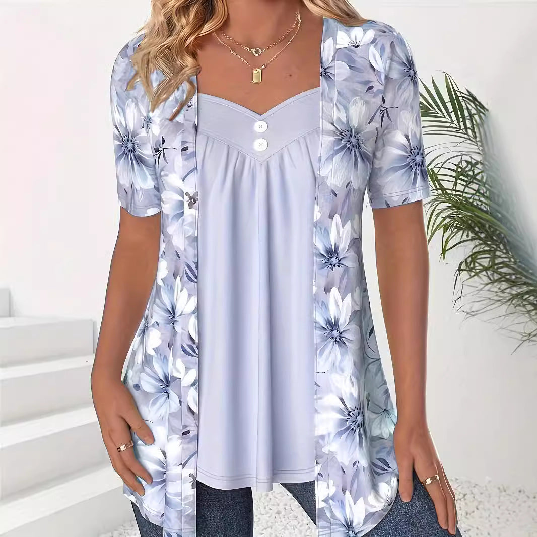 Top femme manches courtes – Coupe ample – Encolure cœur – Imprimé floral – Effet superposé