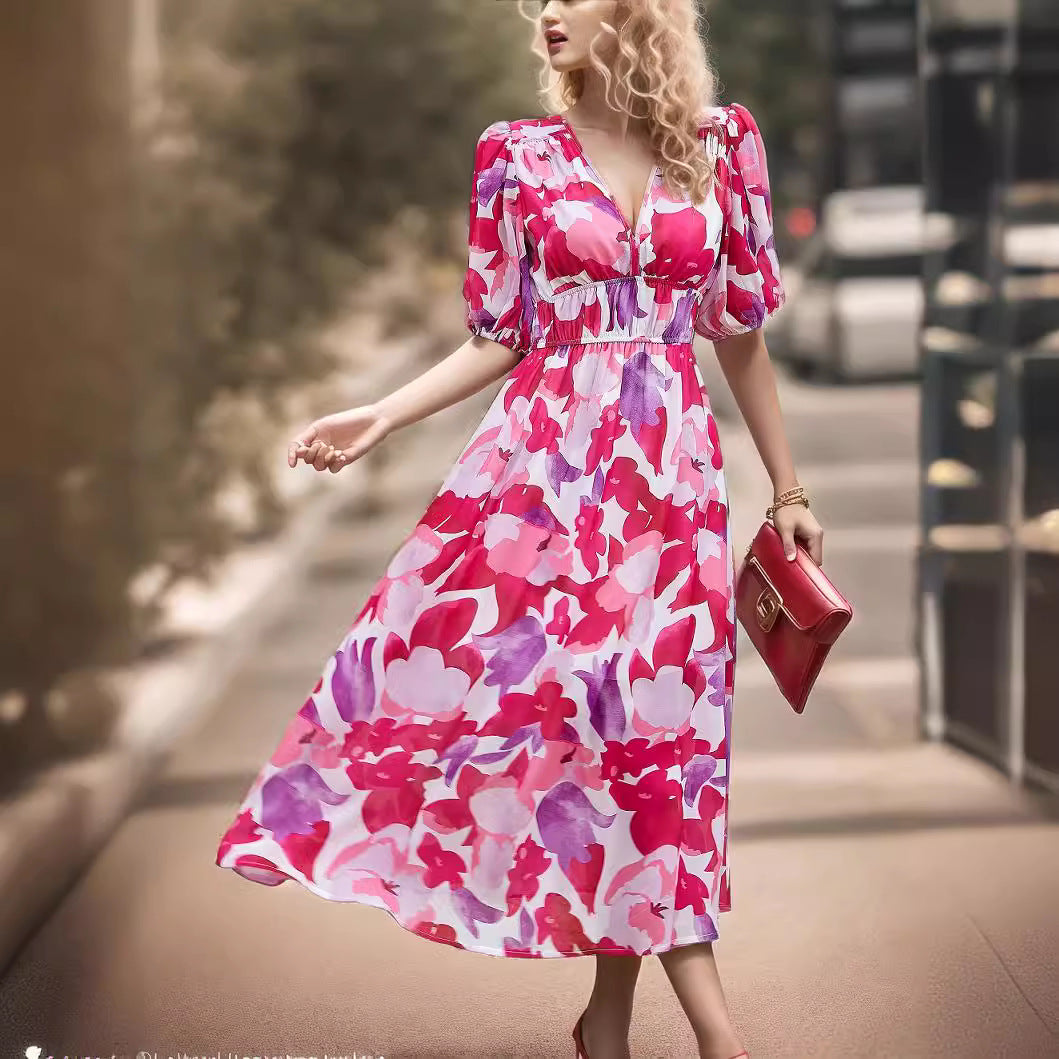 Robe midi femme – Taille cintrée – Manches bouffantes – Décolleté en V – Tissu respirant