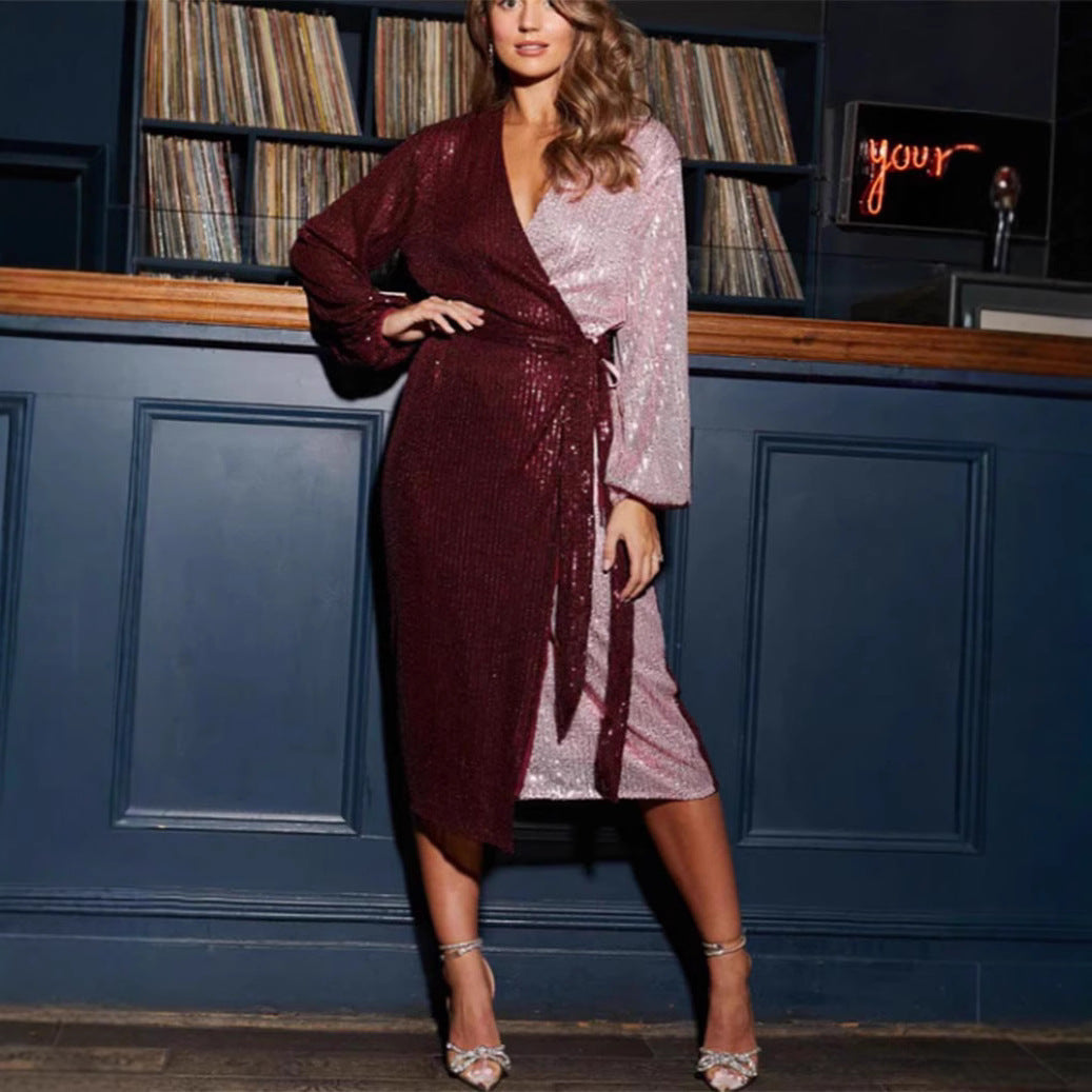 Robe portefeuille femme – Coupe ajustée – Sequins – Manches longues – Longueur midi