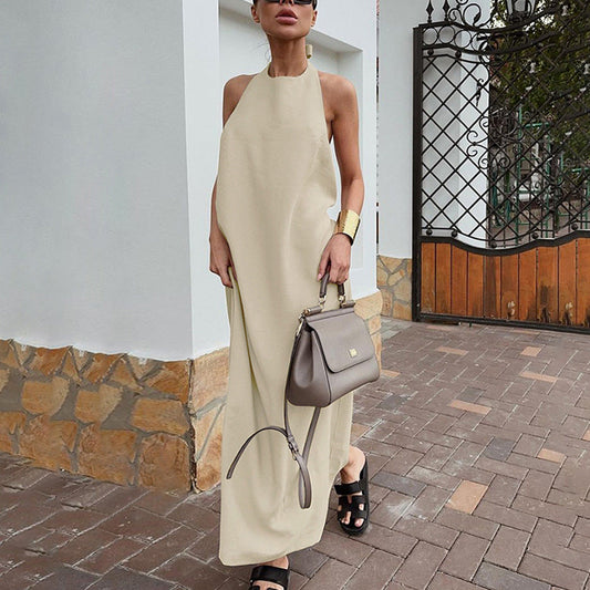 Robe longue femme – Coton lin – Coupe ample – Col halter élégant – Tissu fluide breathable