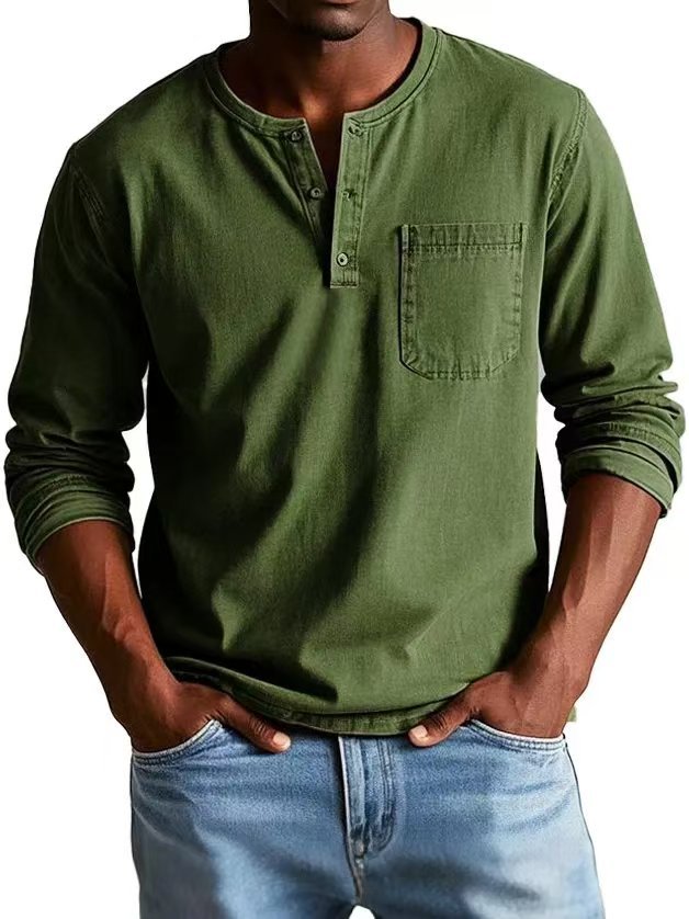 T-shirt manches longues homme – Coupe slim – Tissu respirant – Col boutonné avec poche