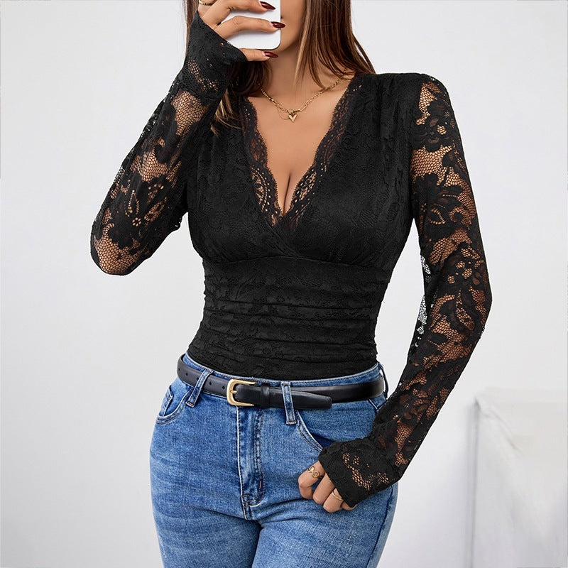 Blouse femme – Coupe slim – Dentelle ajourée – Manches longues – Décolleté plongeant