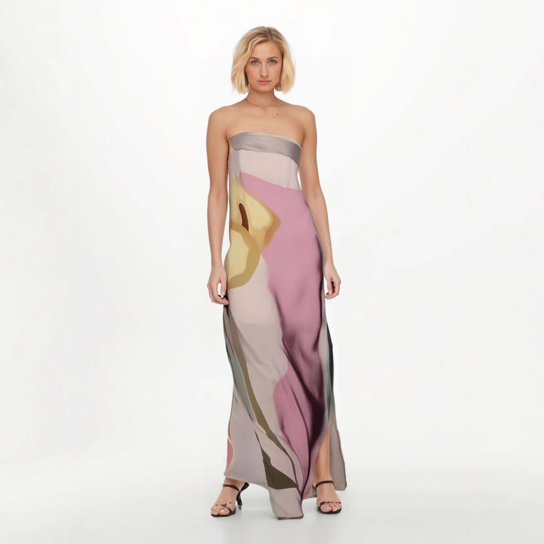 Robe midi femme – Sans bretelles – Coupe fluide – Tissu léger imprimé abstrait