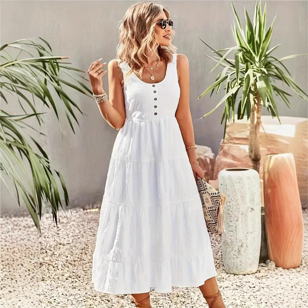 Robe longue femme – Sans manches – Coupe évasée – Coton léger – Jupe à volants – Boutons