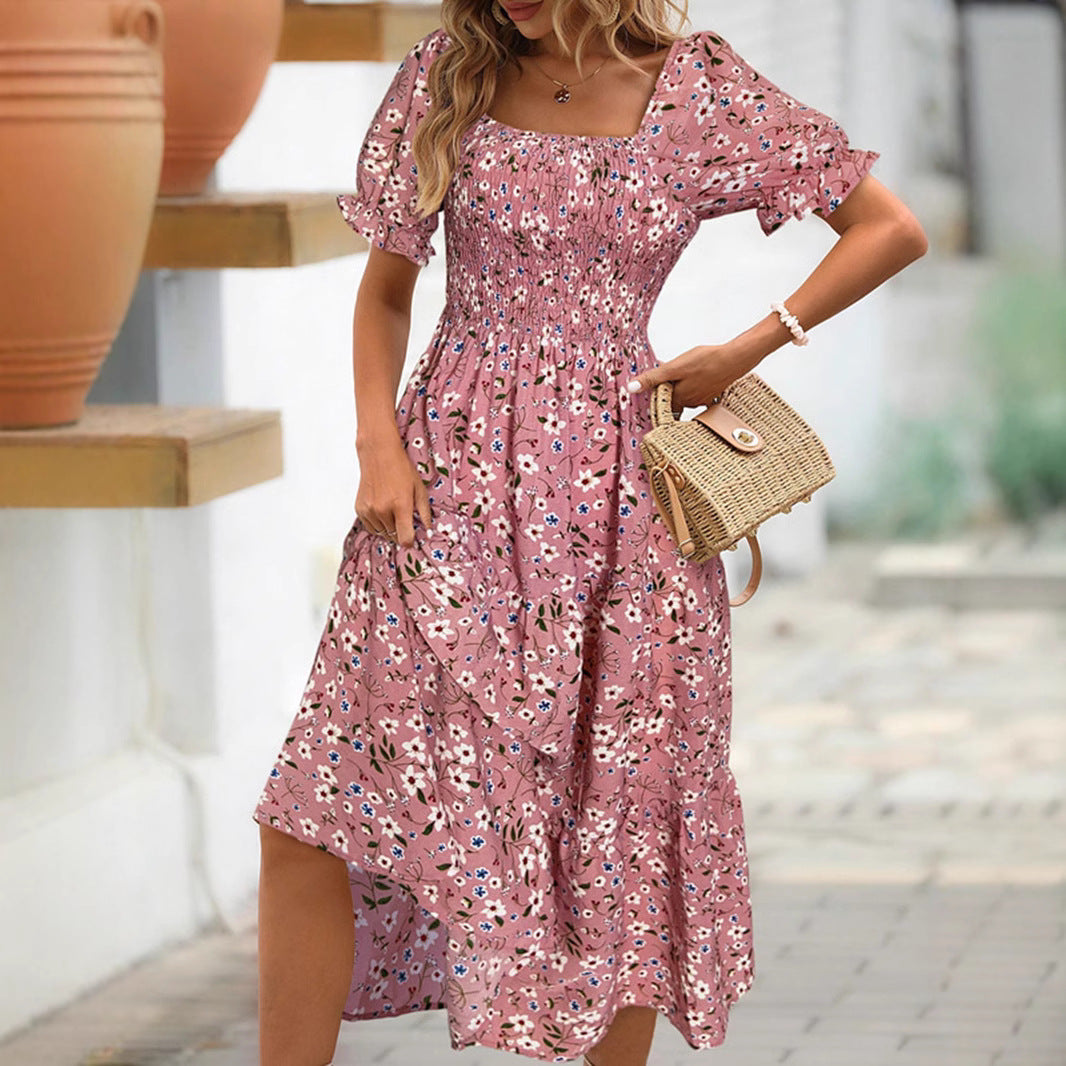 Robe midi femme – Taille empire – Manches bouffantes – Imprimé fleuri – Coton mélangé