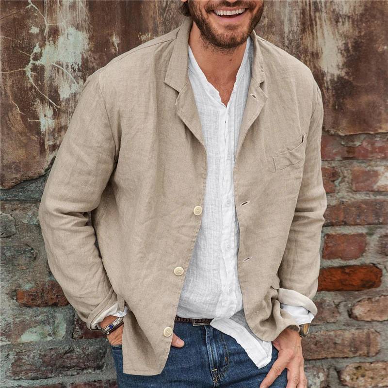Blazer décontracté homme – Coupe droite – Coton lin respirant – Manches longues