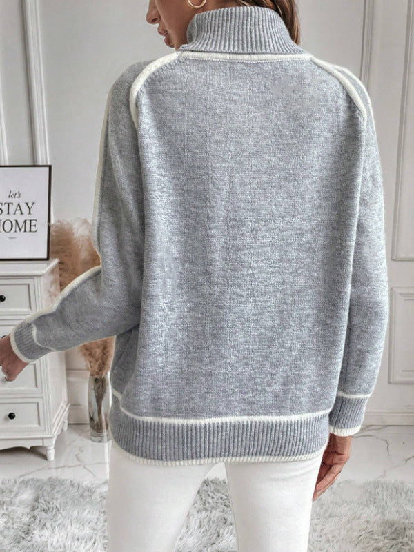 Sweat-shirt femme – Coupe ample – Col montant – Manches à rayures contrastées