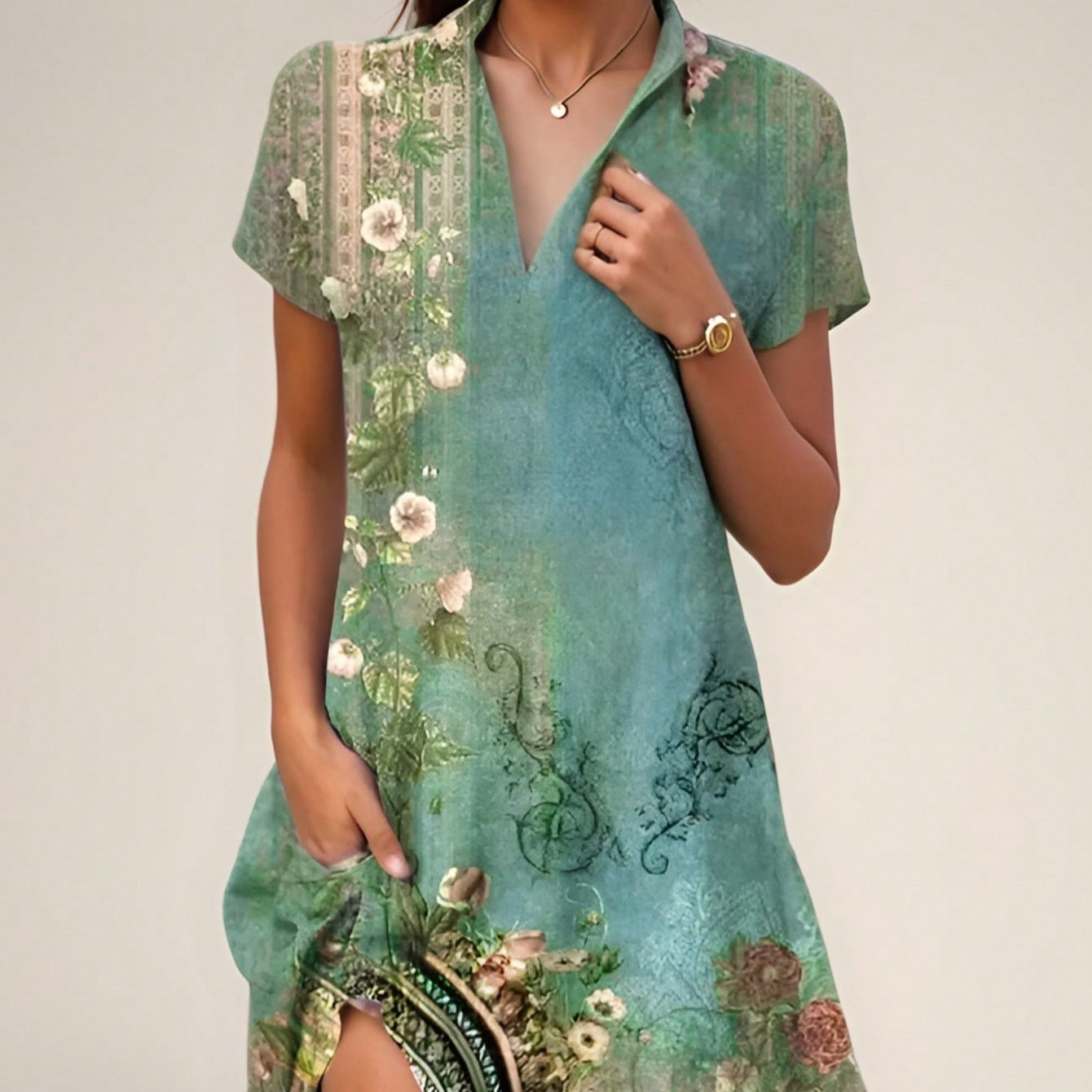 Robe longue femme – Imprimé bohème – Coupe ample – Manches courtes – Col rond