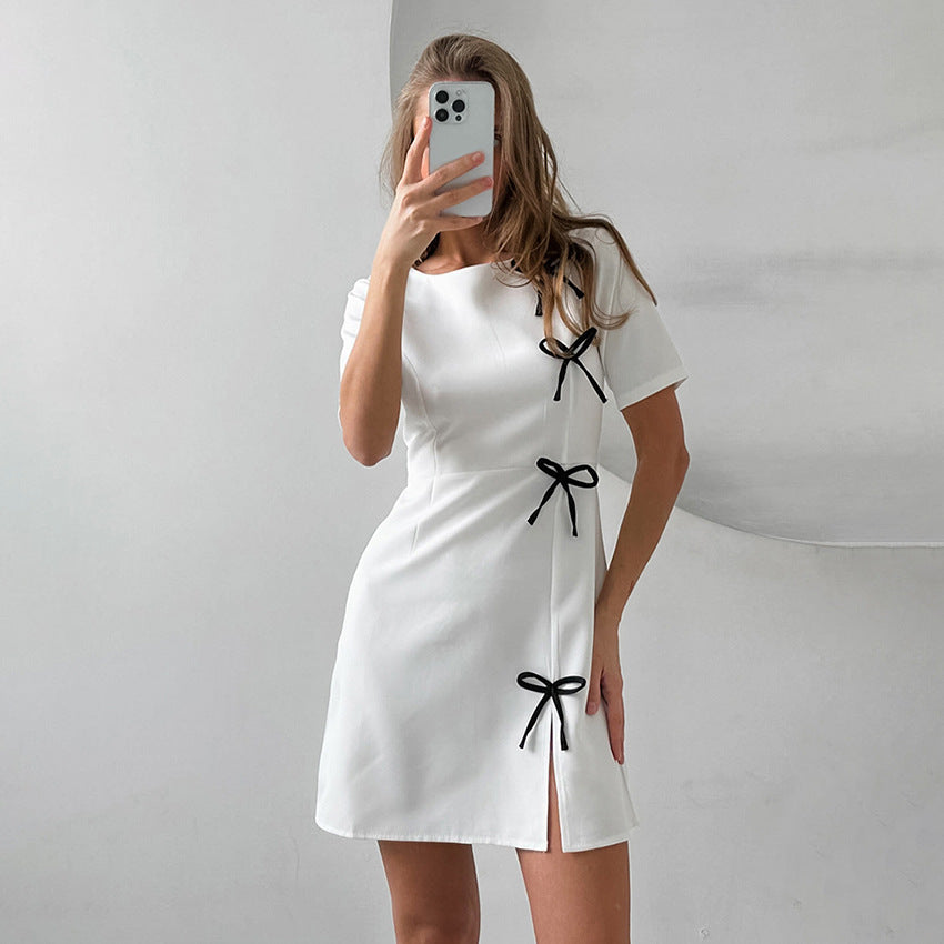 Robe Trapèze Femme - Manches Courtes - Détail Nœud - Fente Élégante
