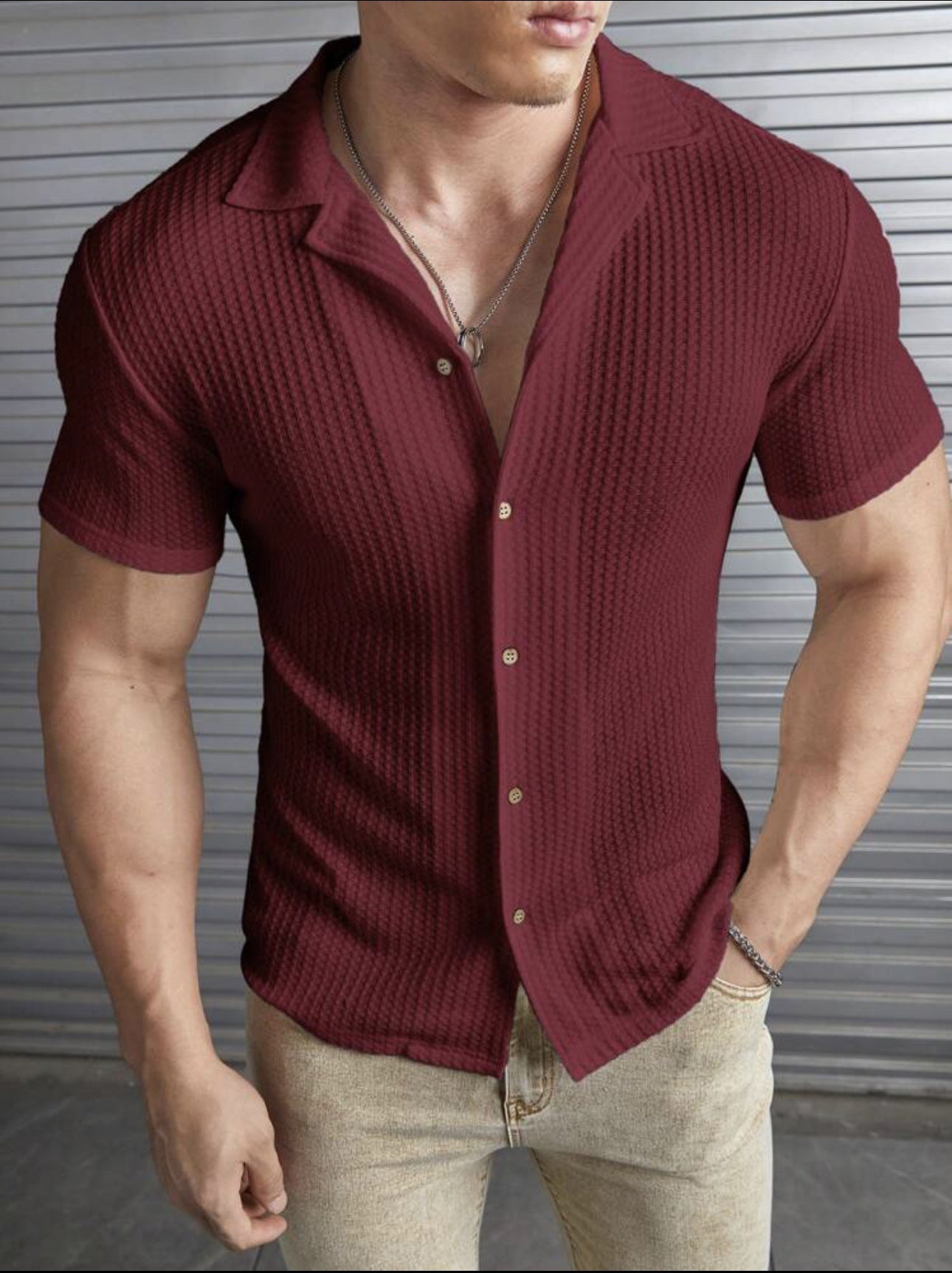 T-shirt homme – Coupe slim – Maille gaufrée – Manches courtes – Boutonnage frontal