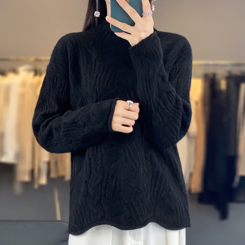 Femme Pull - Maille Légère - Col Montant - Manches Longues - Coupe Large