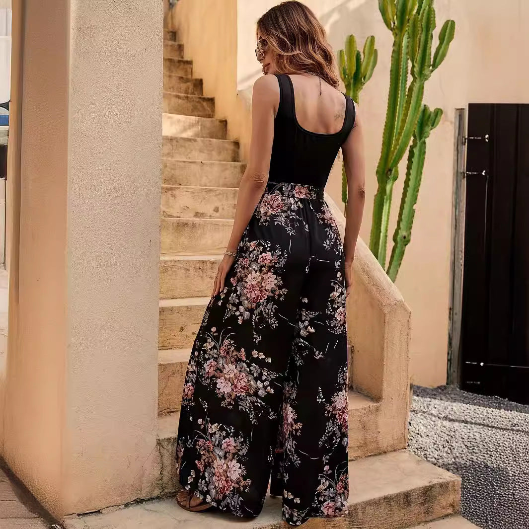 Combinaison femme – Sans manches – Imprimé floral – Taille ceinturée – Jambes larges