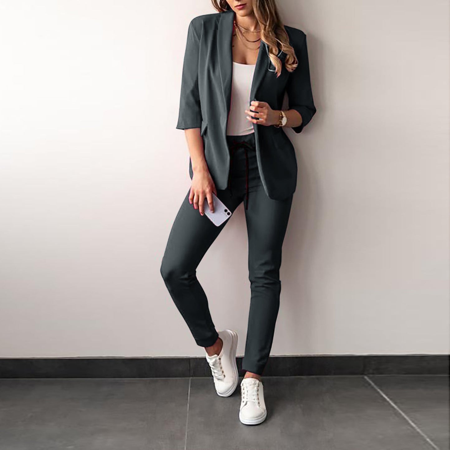 Ensemble Femme 2 Pièces – Blazer Cintré – Tissu Stretch – Manches Trois-Quarts – Coupe Structurée