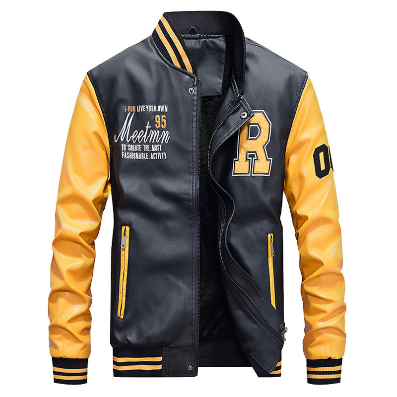 Blouson homme style varsity – Corps cuir lisse – Finition côtelée – Fermeture pression
