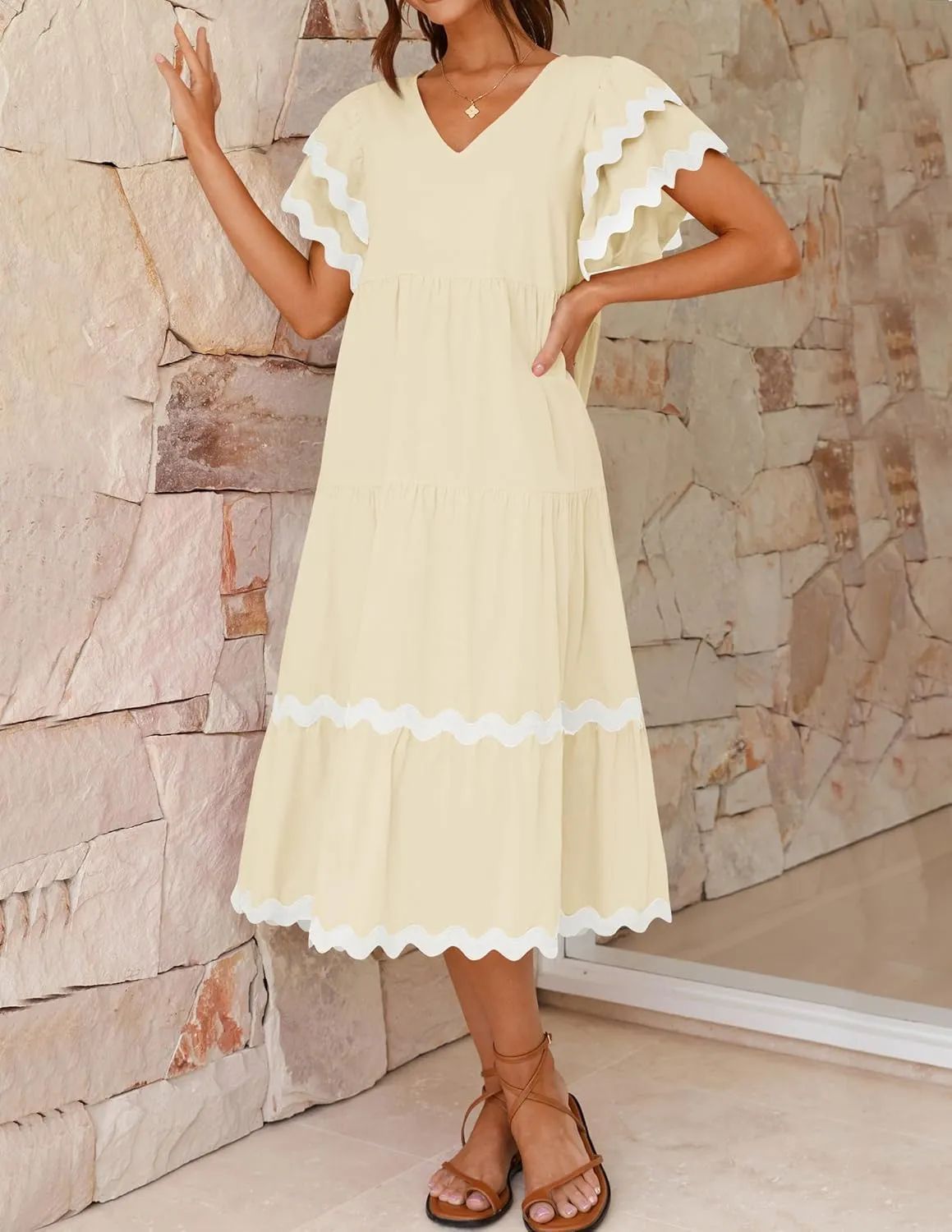 Robe midi femme – Encolure en V – Manches volantes – Coupe fluide – Tissu respirant