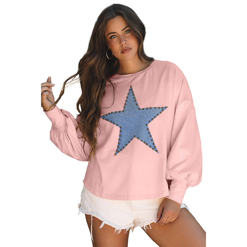 Sweatshirt femme – Coupe décontractée – Imprimé étoile – Manches longues – Toucher coton