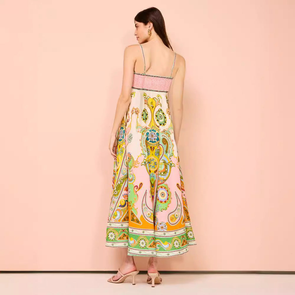 Robe midi femme – Bretelles fines – Corsage smocké – Coupe évasée fluide