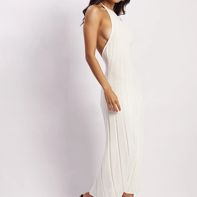 Robe midi femme – Maille côtelée – Coupe ajustée – Col halter – Jupe plissée