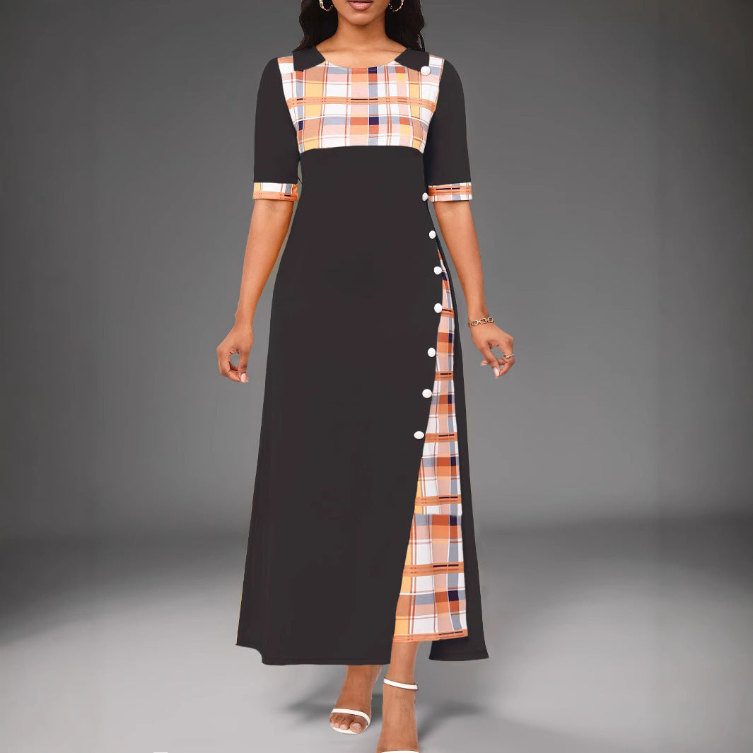 Robe longue femme – Coupe cintrée – Col rond – Manches mi-longues – Détail asymétrique à carreaux