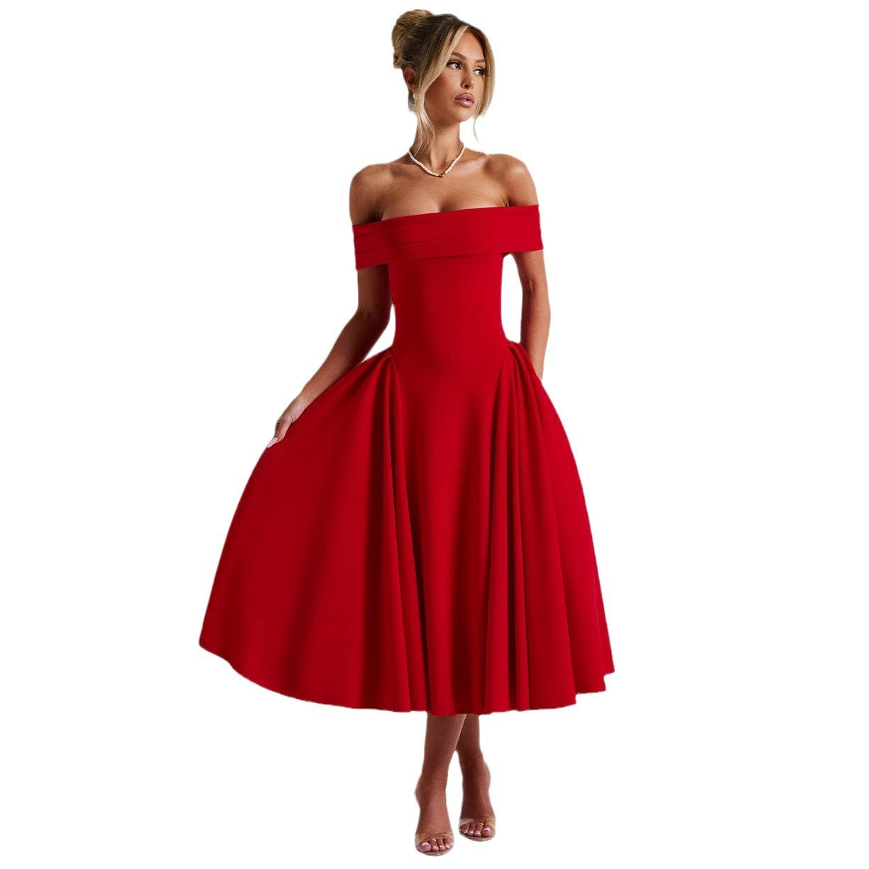 Robe midi femme – Épaules dénudées – Coupe évasée – Tissu structuré élégant