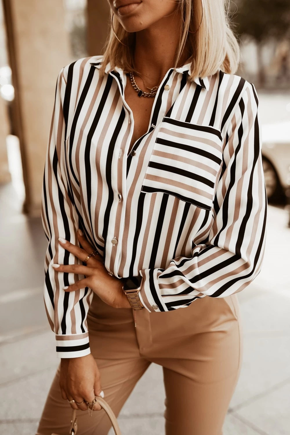 Blouse femme – Coupe décontractée – Col en V – Rayures verticales