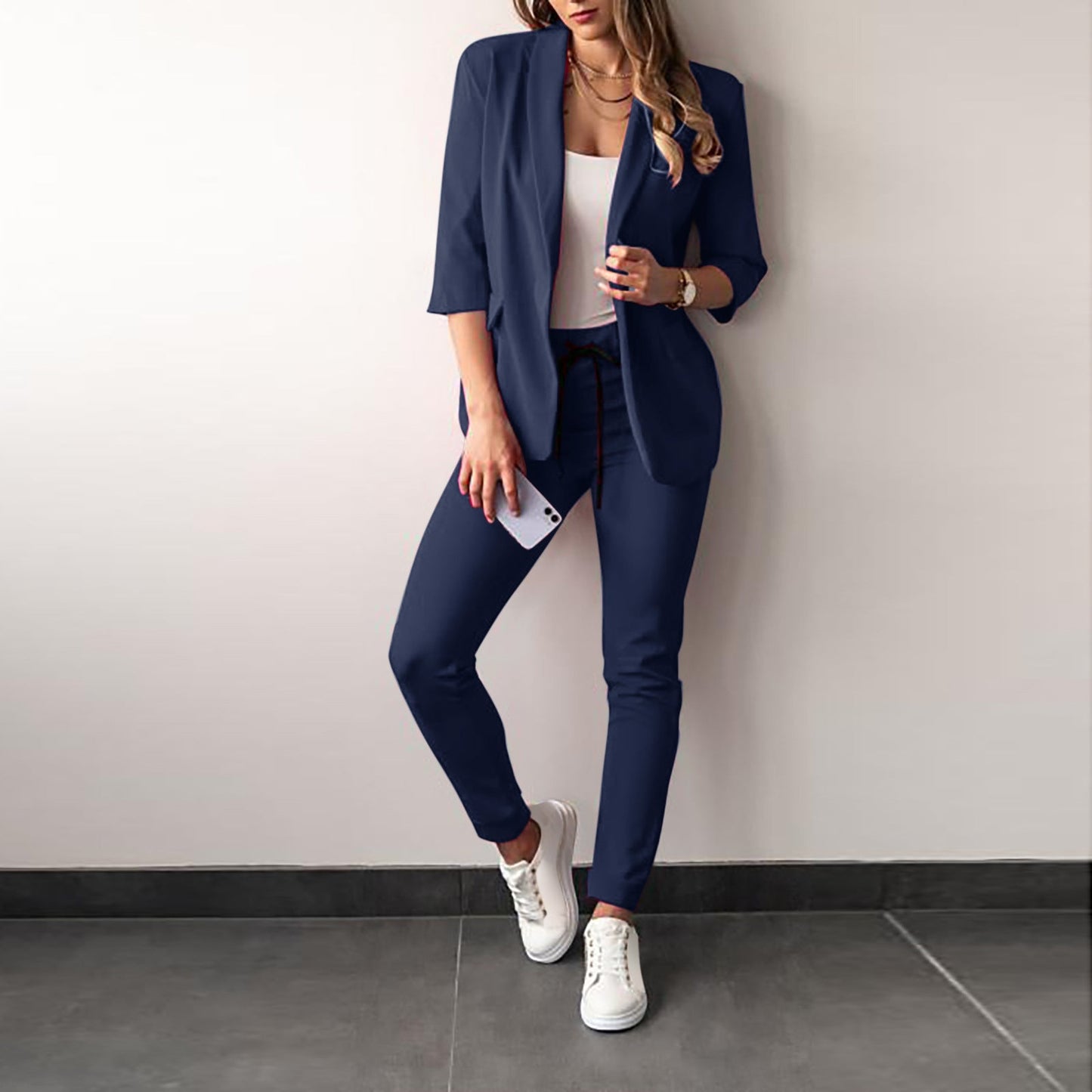 Ensemble Femme 2 Pièces – Blazer Cintré – Tissu Stretch – Manches Trois-Quarts – Coupe Structurée