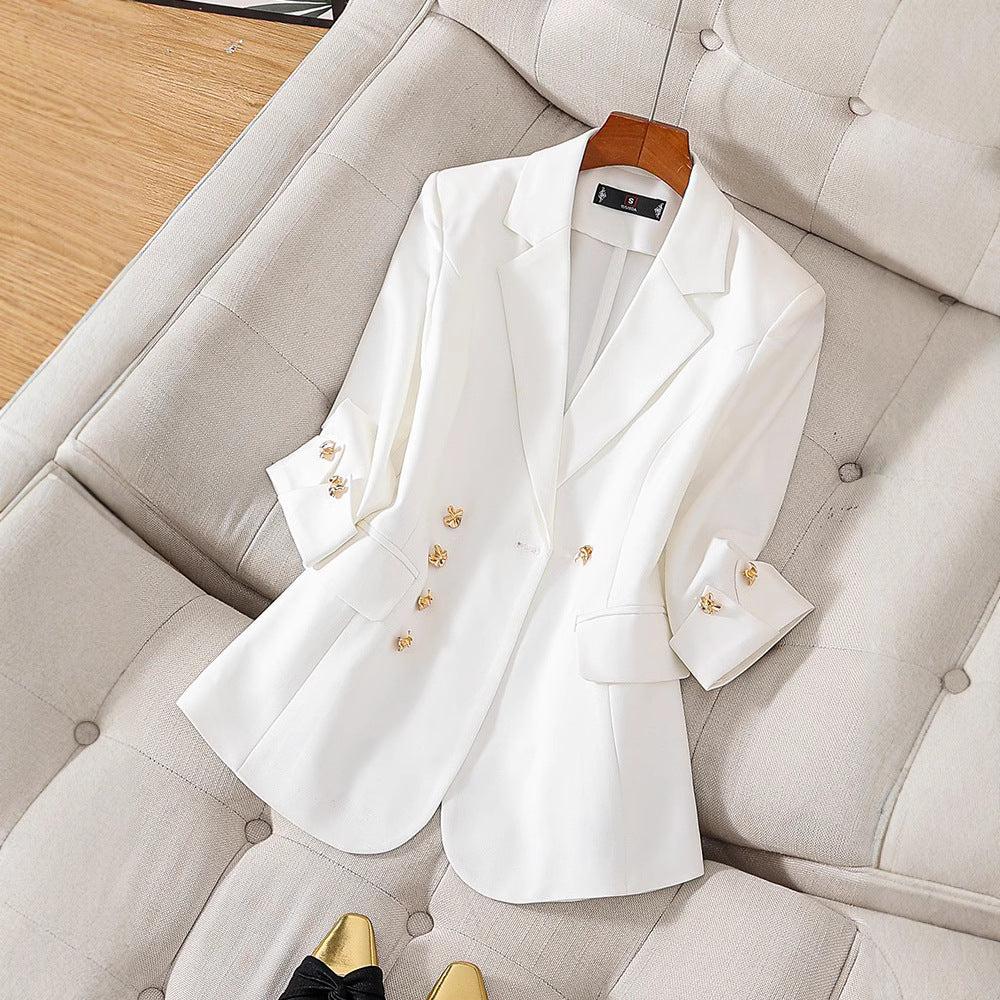 Blazer femme – Coupe cintrée – Manches trois-quarts – Col à revers classique – Double boutonnage élégance