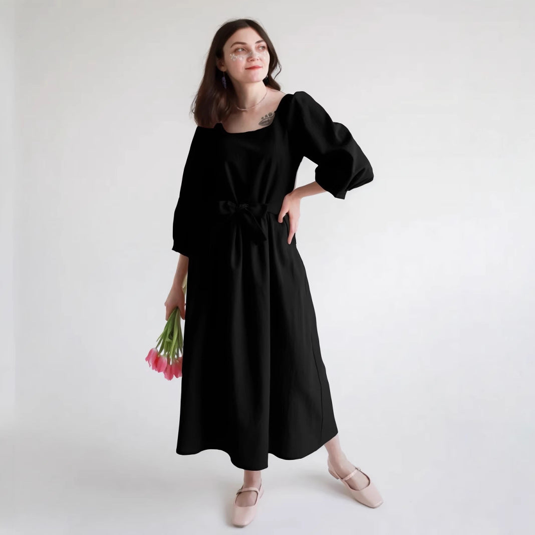 Robe femme – Coton léger – Coupe ample – Manches longues bouffantes – Col carré – Longueur midi