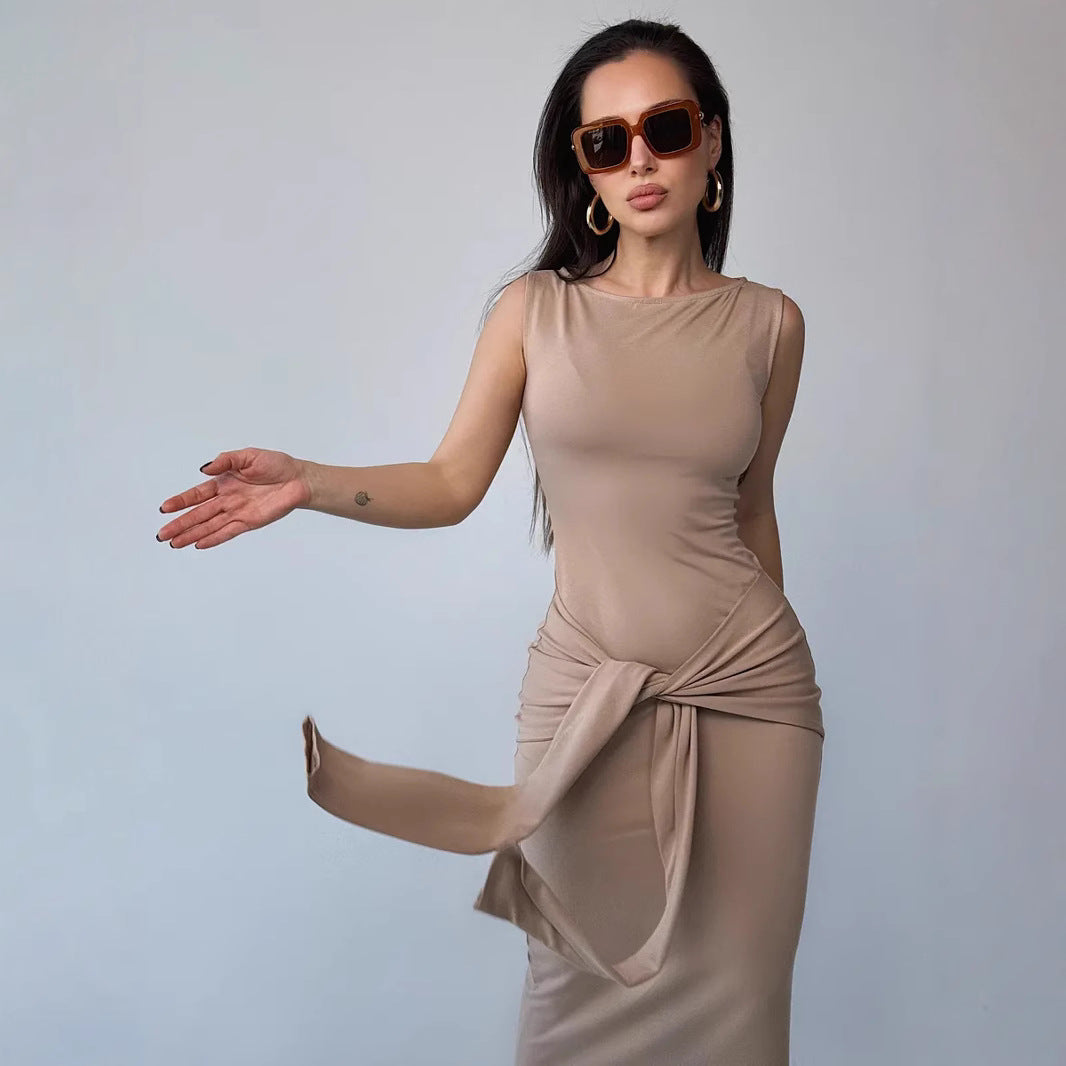 Robe moulante femme – Coupe ajustée – Longueur maxi – Sans manches – Ceinture taille