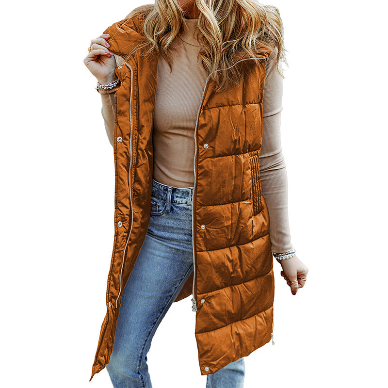 Veste longue femme – Matelassée légère – Coupe décontractée – Sans manches à capuche