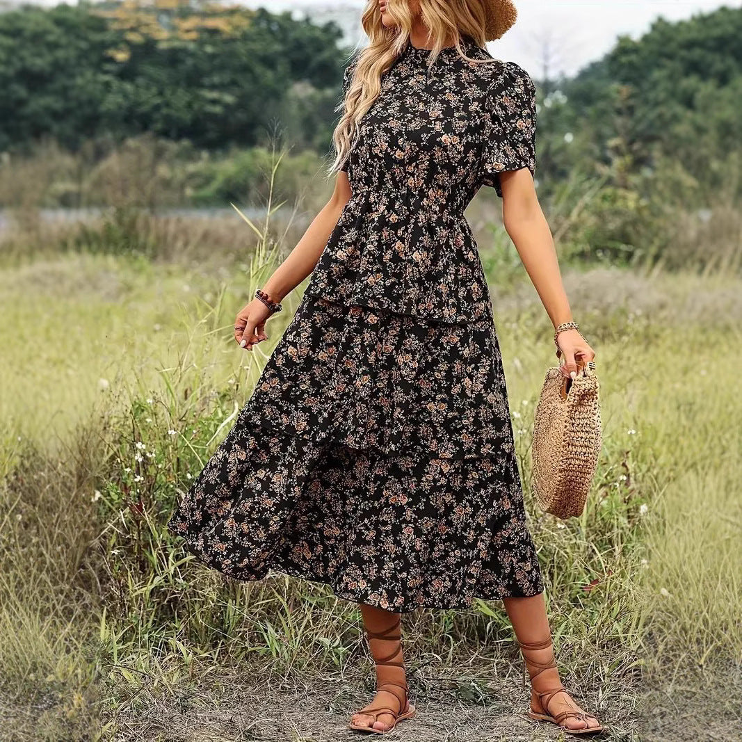 Robe midi femme – Coupe fluide – Imprimé fleuri – Manches bouffantes – Taille marquée