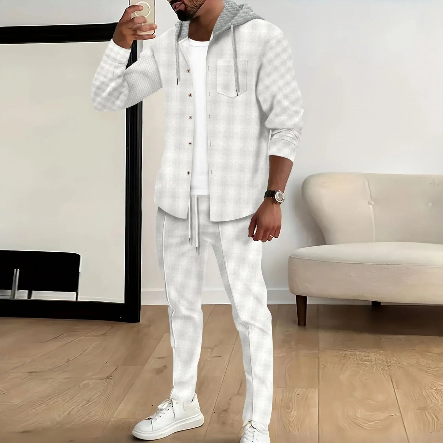 Ensemble veste à capuche et pantalon homme – Coupe décontractée – Coton – Fermeture boutonnée – Taille à cordon