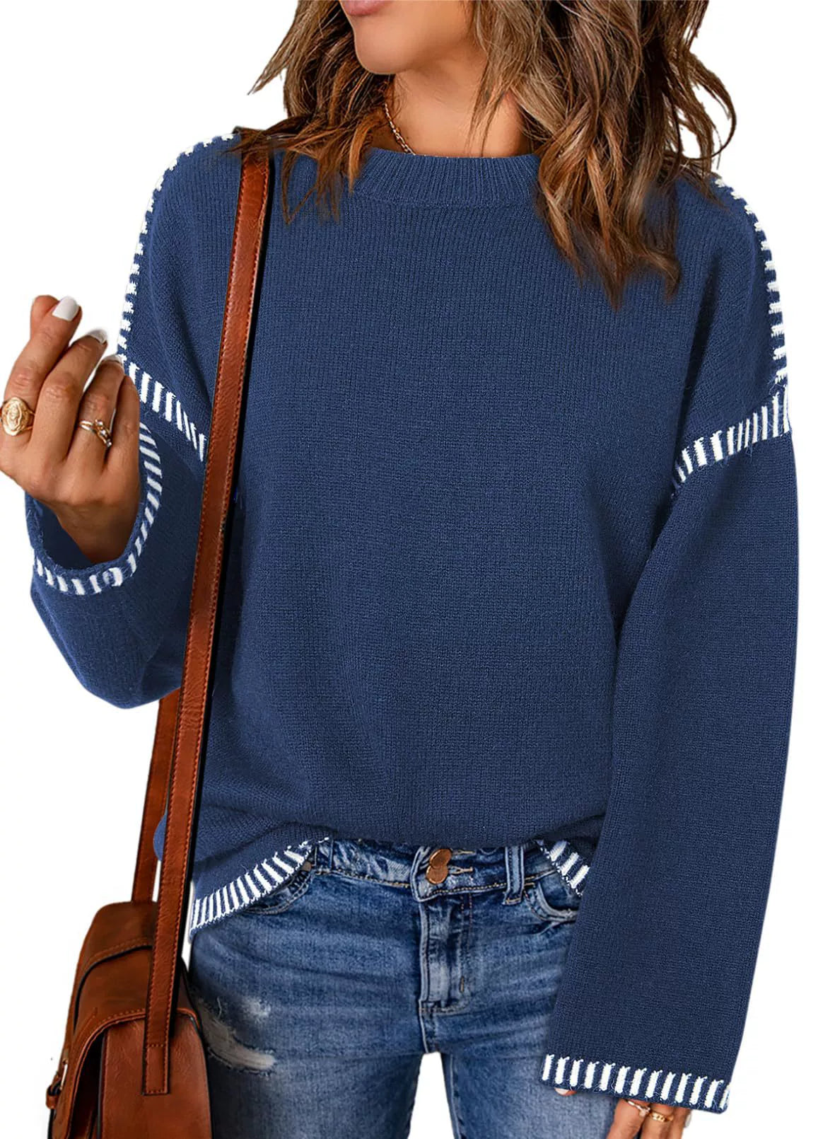 Pull femme – Coupe ample – Maille torsadée – Col rond – Manches longues à rayures