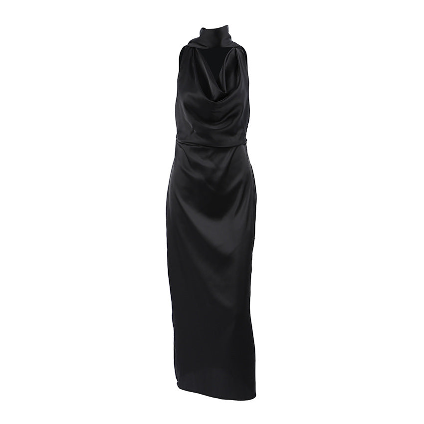 Robe femme col halter – Satin lustré – Coupe bodycon – Encolure drapée élégant